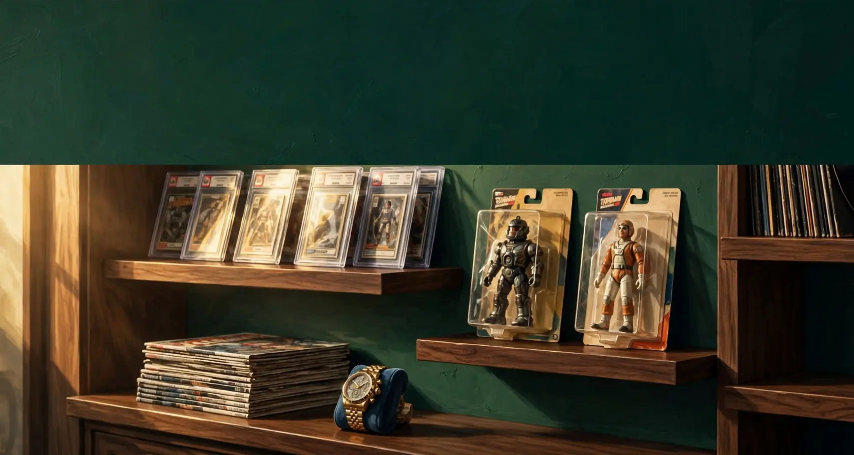 Shelves of collectibles — graded trading cards, packaged action figures, comic books, vinyl records, and a gold watch — against a deep green wall in warm golden light